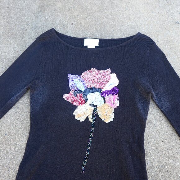 Vintage CACHe Black Sequin Floral Knit Sweater L - Picture 2 of 10